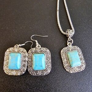 Antique Silver Tone Square Faux Tourquise Necklace and Earrings Set